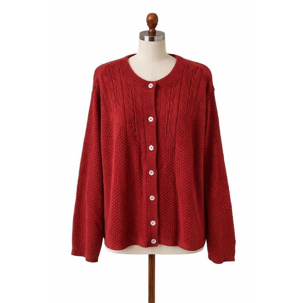 Blair XL Red Textured Knit Cardigan Button Front Cozy Classic Cottage Grannycore